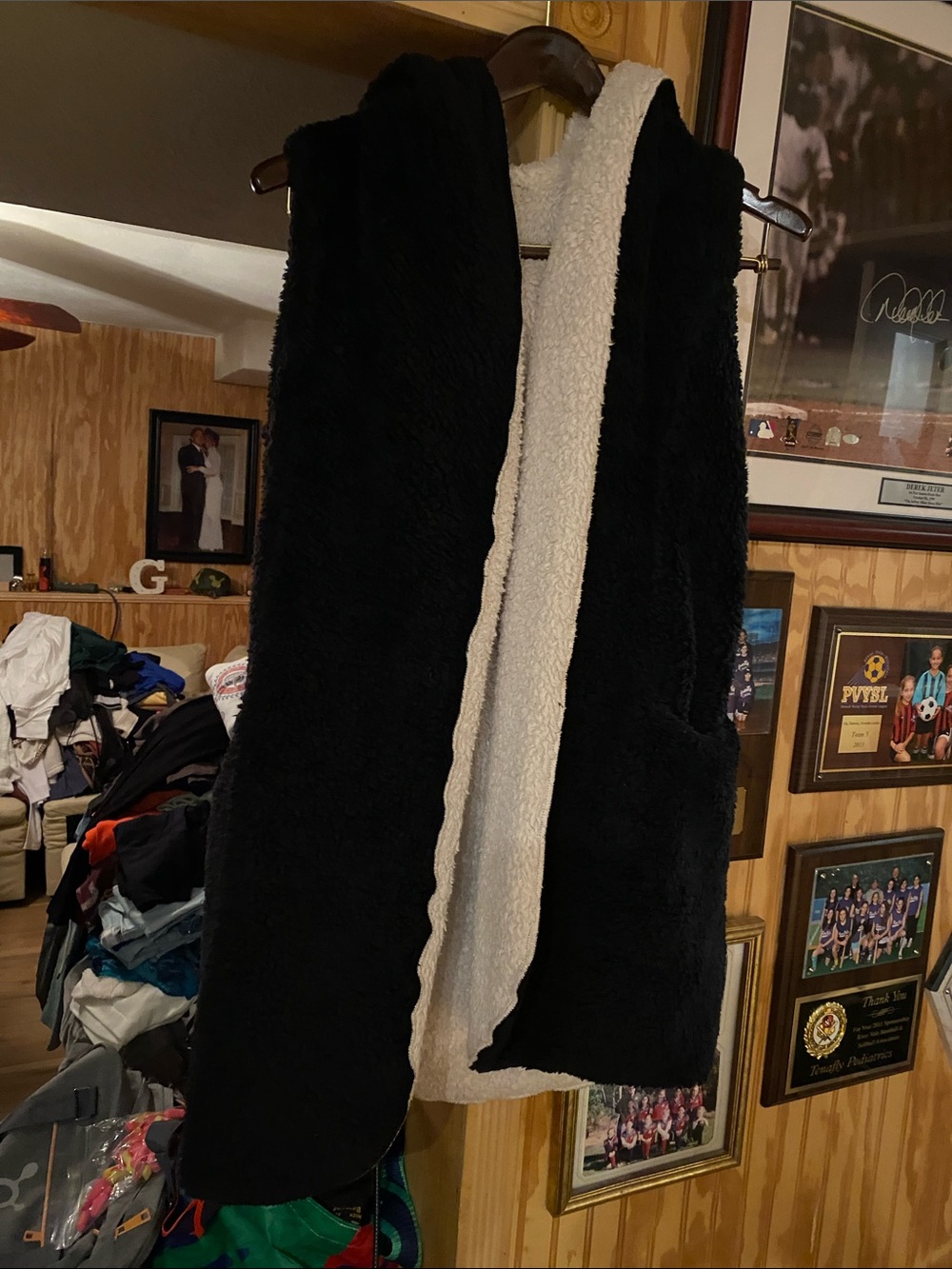 Papaya Black Faux Fur Hooded Vest with Cream Sherpa Trim